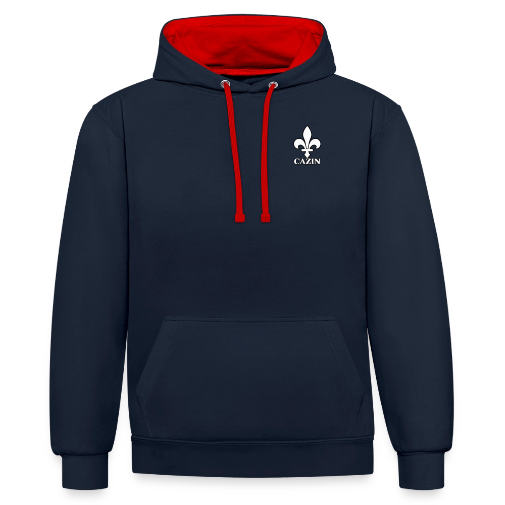 AWDis Just Hoods Kontrast-Hoodie Unisex – CAZIN mit bosnischen Lilien | Brust- & Schulterprint - Navy/Rot