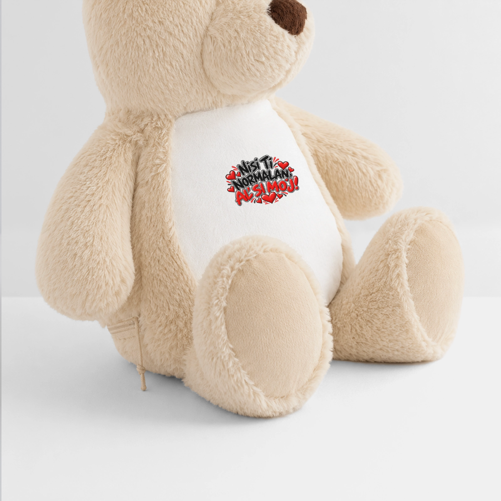Nisi ti normalan al si moj Kuschelteddy 32 cm mit Herz-Design - Weiß/Mittelbraun
