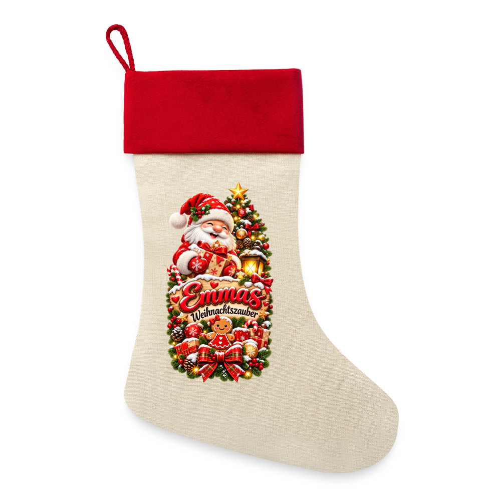 Leinen Weihnachtsstrumpf 🎄 Weihnachtszauber – Personalisiert mit Wunschname | Zum Befüllen - Natur/Rot 