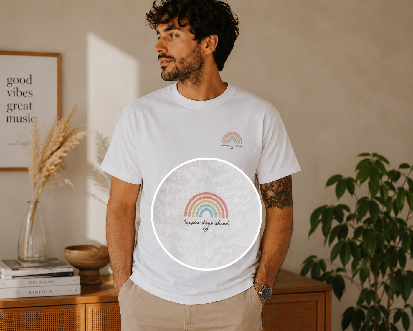 Gildan Heavy Cotton majica „Happier Days Ahead“ – Majica duginih boja s pozitivnim vibracijama