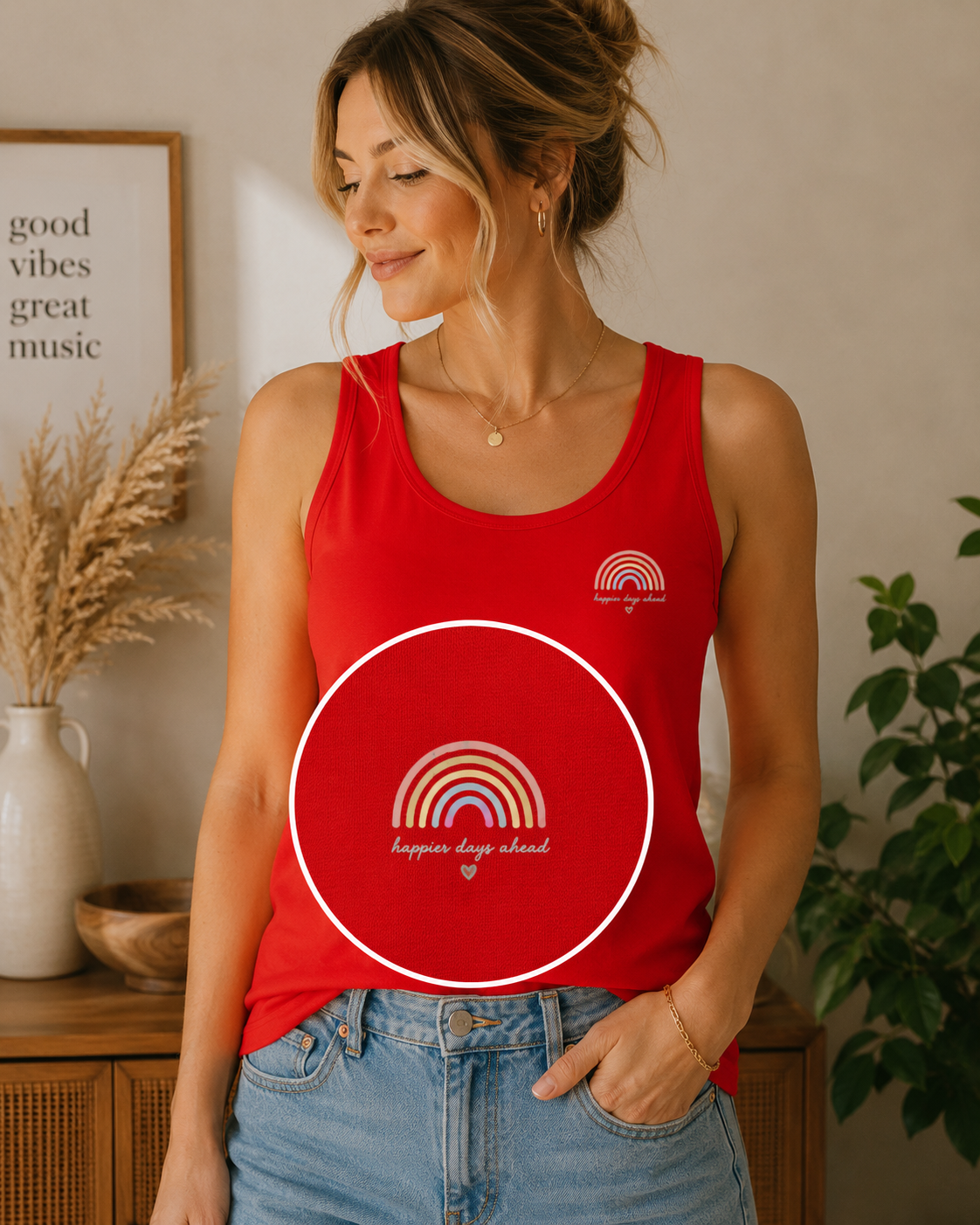 Ženski organski top na bretele „Happier Days Ahead“ – Ljetna majica duginih boja od organskog pamuka