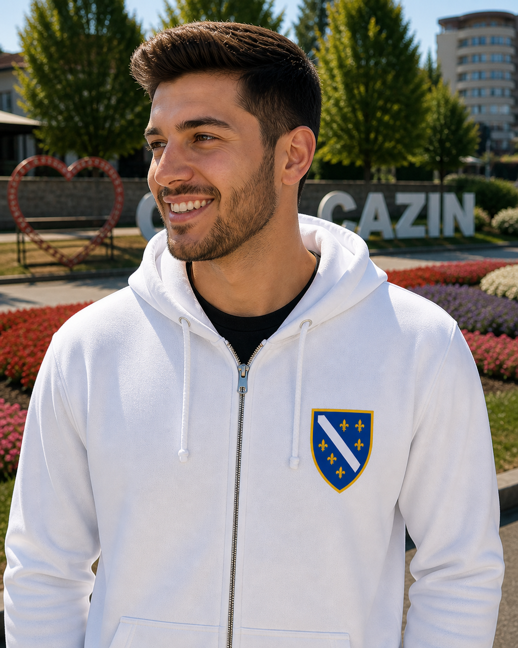 Men's Zipper Hoodie - Bosnian Coat of Arms with Lilies | Left Chest