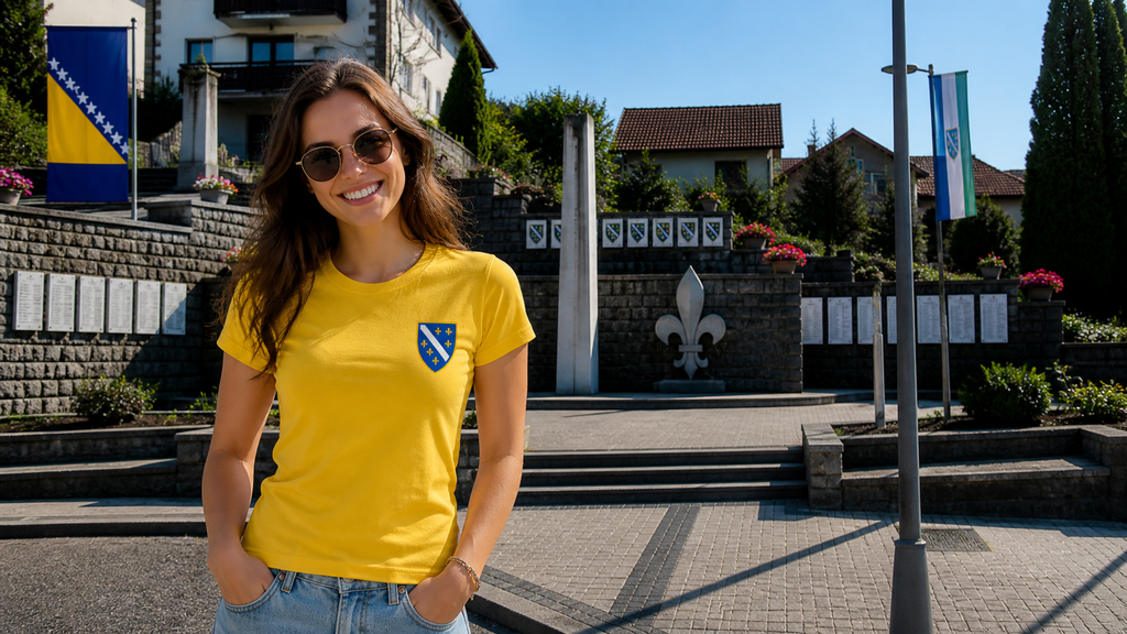 Damen Premium Bio T-Shirt - Bosanski Grb sa ljiljanima | Links Brust