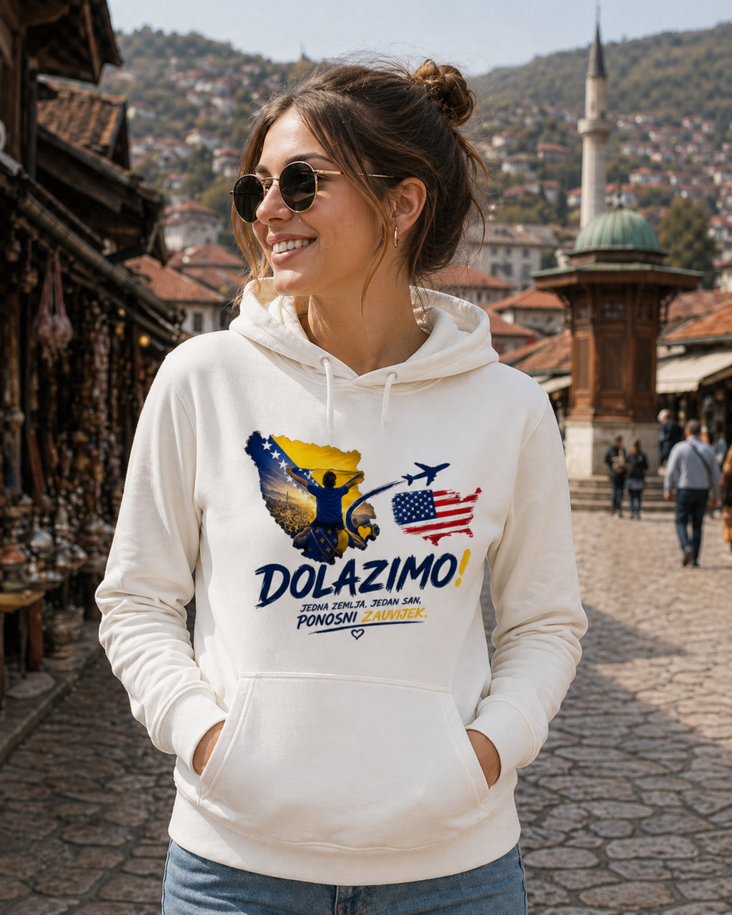 Damen Premium Bio Hoodie – Dolazi Bosna Ponosna | Frontprint
