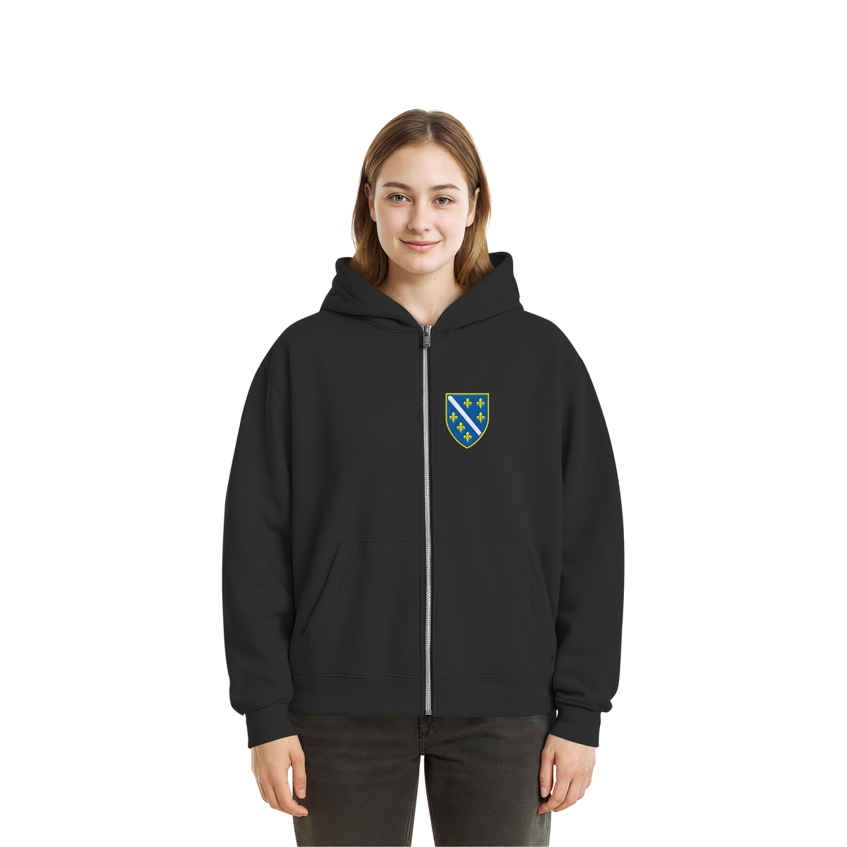 Bosnisches Wappen – Heimatliebe mit Stolz | Premium Stickerei - Fluffy Boxcut Zipper
