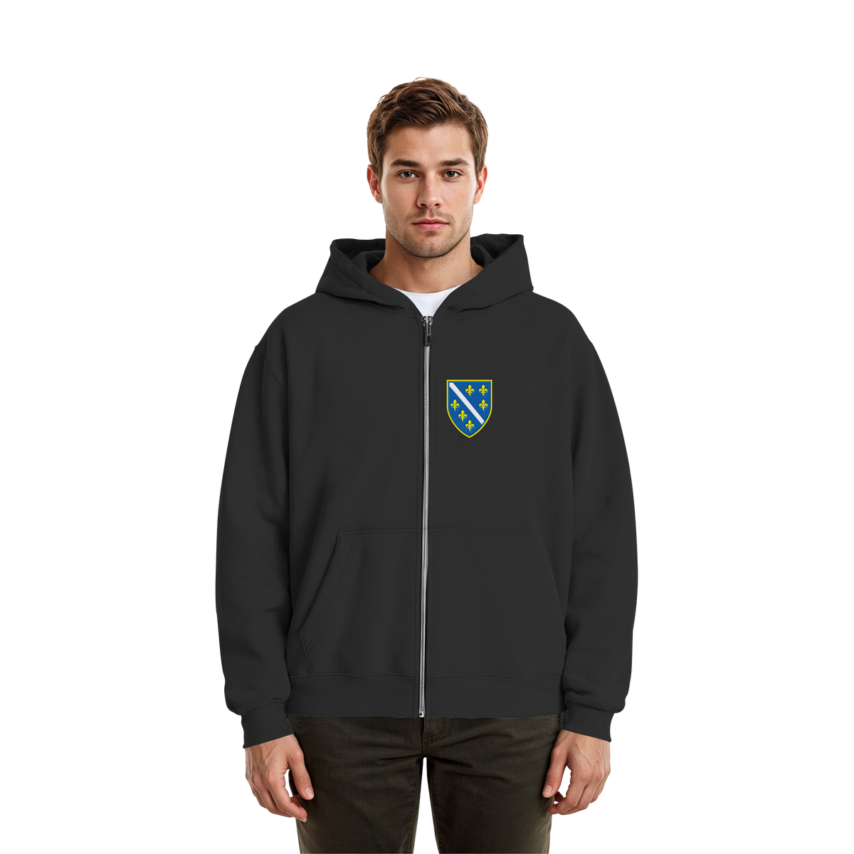 Bosnisches Wappen – Heimatliebe mit Stolz | Premium Stickerei - Fluffy Boxcut Zipper