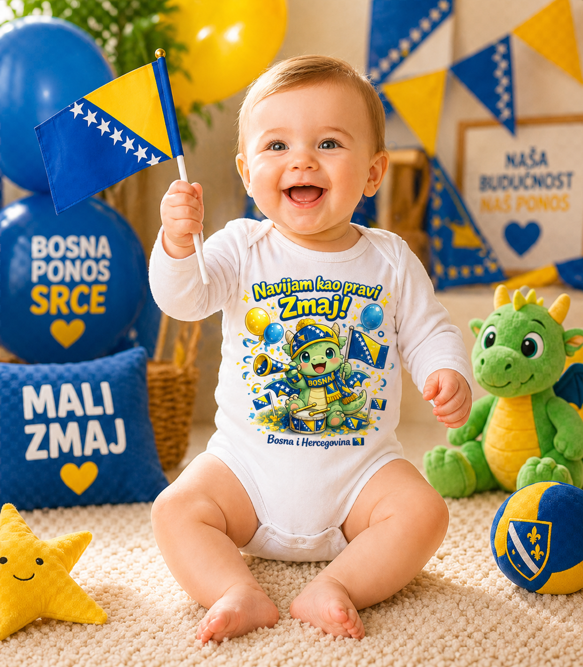 Baby Bio bodi dugih rukava – Mali zmaj navijač | Prednja štampa